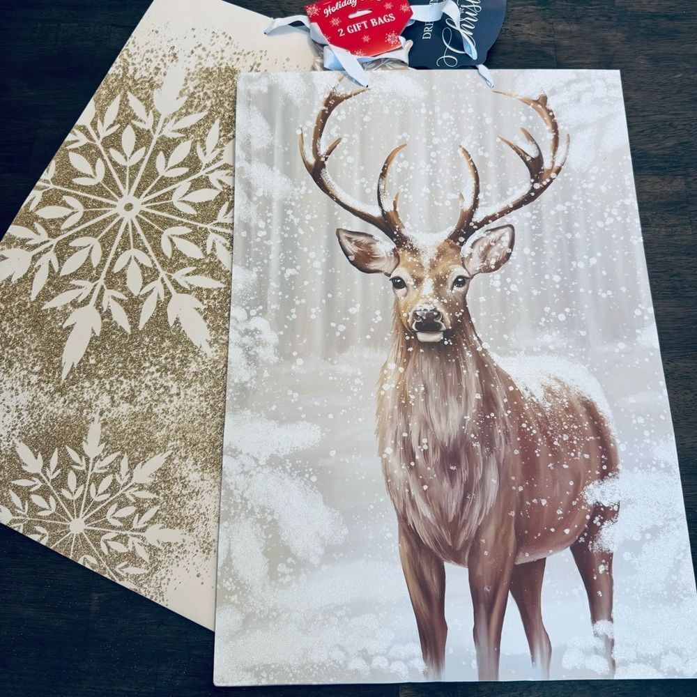Holiday Deer Snowflakes Glitter Christmas Large Gift Bags Set